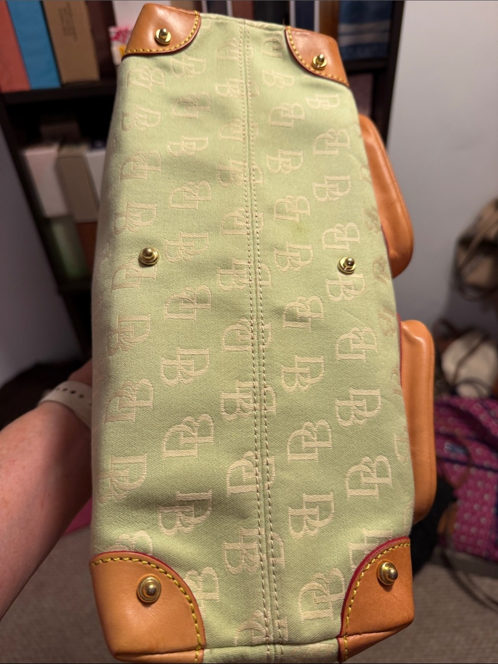 Dooney & Bourke Cream Canvas Satchel with Tan Leather Trim and Gold Hardware - Picture 4 of 4
